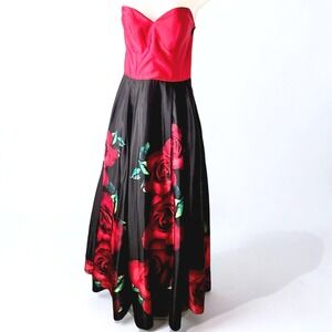 Blondie Nites Strapless Red Black Rose Print Prom Dress Sweetheart Midi Formal 7